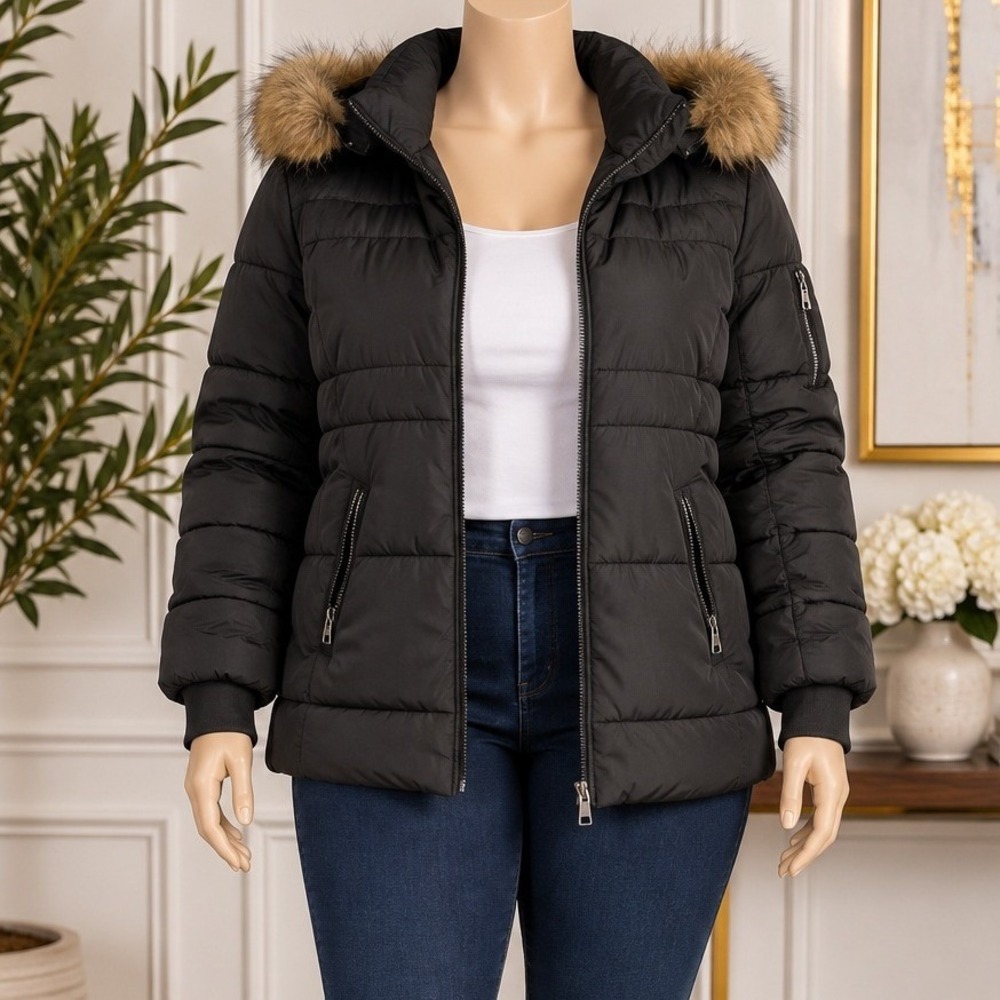 Madden Girl Womens Puffer Jacket Black Quilted Faux Fur Trim Hood Plus Size 3X